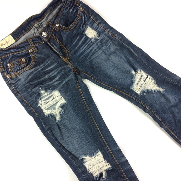 Machine Denim - Machine Distressed Dark Wash Jeans 7/29 by 32"
